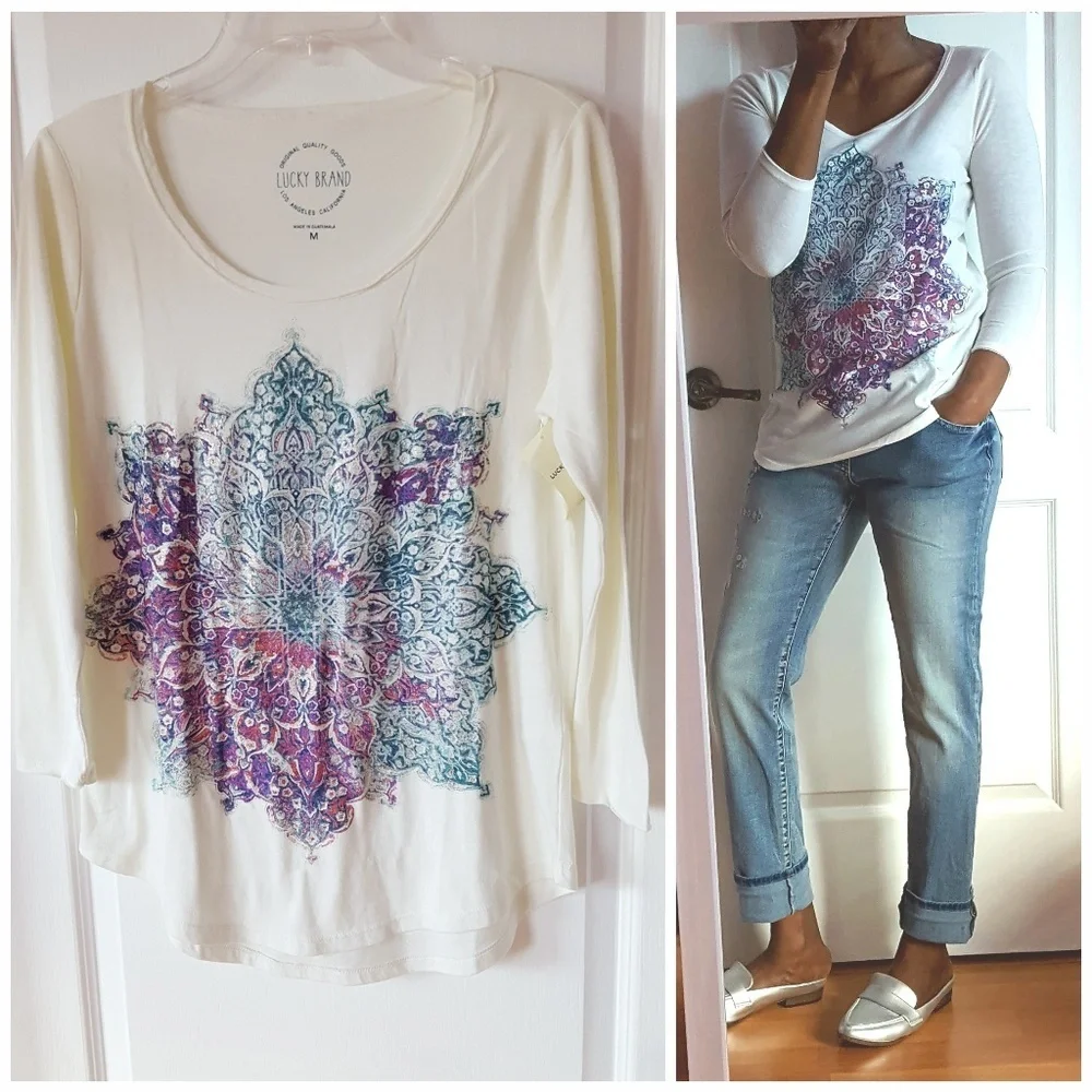 Lucky Brand Tee-Shirt 3/4 Sleeve White Purple Blue Size Medium - Picture 2 of 3